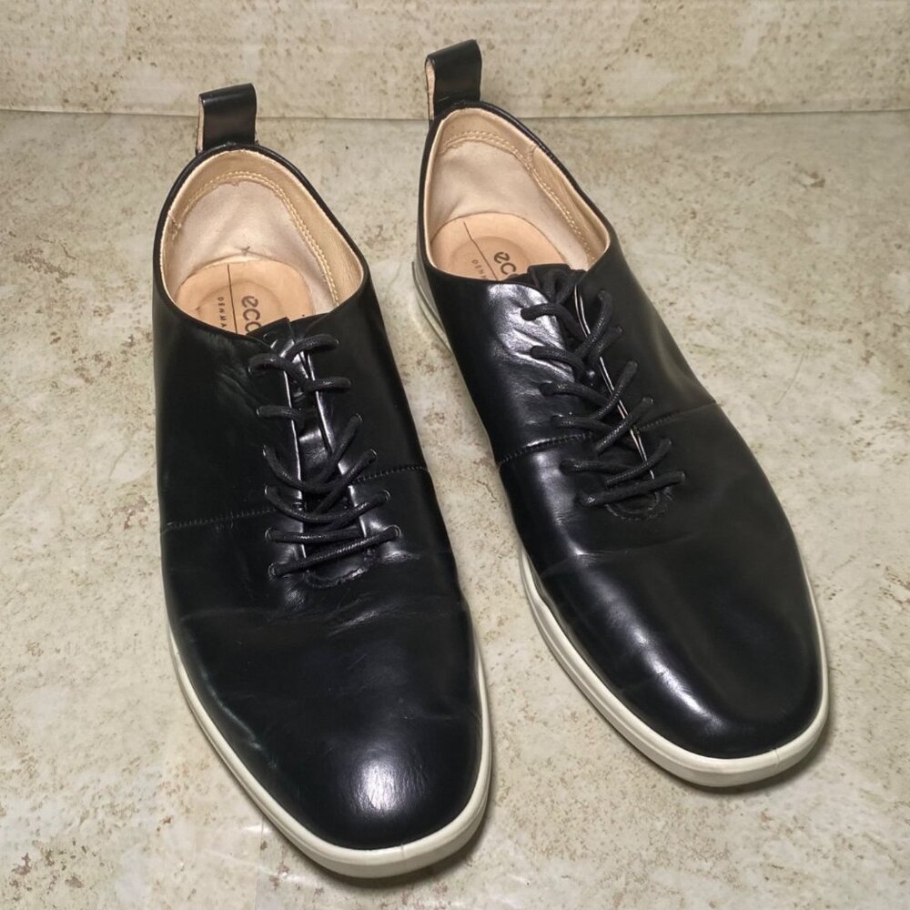 Ecco Black Leather Low-Top Sneakers Lace-Up Casual Comfort‎ Shoes